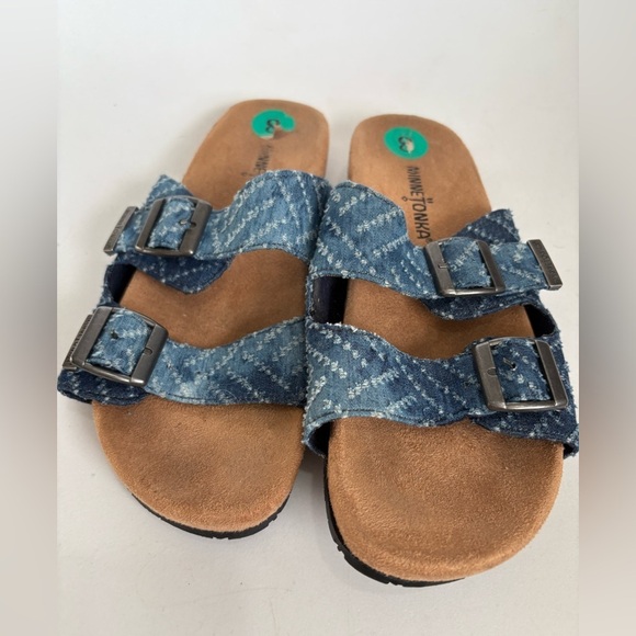 Minnetonka denim double strap Arizona style sandals women’s size 8 - Picture 3 of 6
